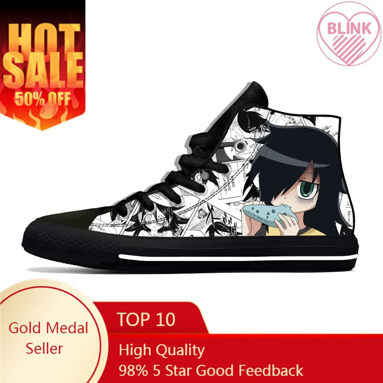 Japanese Anime Manga Comic Watamote Kuroki Tomoko Casual Cloth Shoes High Top Lightweight Breathable 3D Print Men Women Sneakers