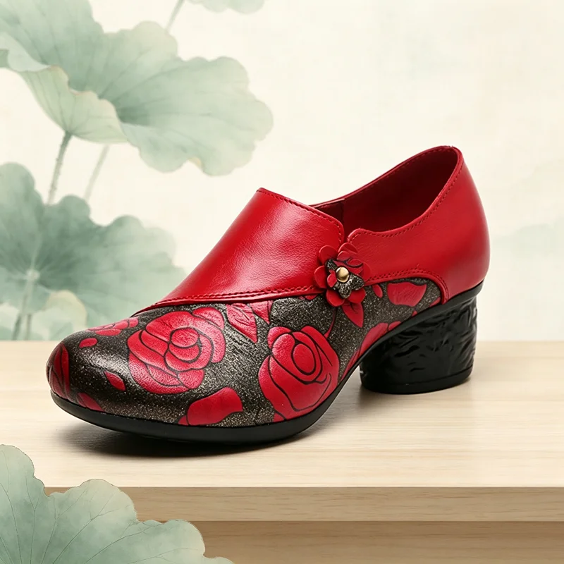 Women's Genuine Leather Ethnic Pumps Red Rose Floral Print Block Heel Slip On Mom Shoes Woman Handmade Dance Shoes Mature Ladies