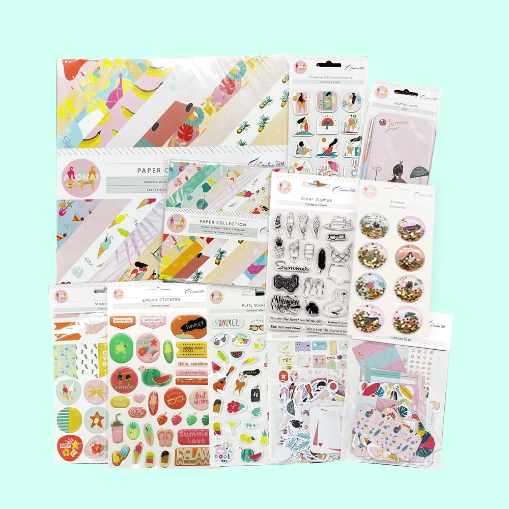 Creative Path 11pcs Aloha Summer Scrapbooking Journaling Full Kits Decorative Papers Die Cuts Stamps Stickers DIY Crafting Set