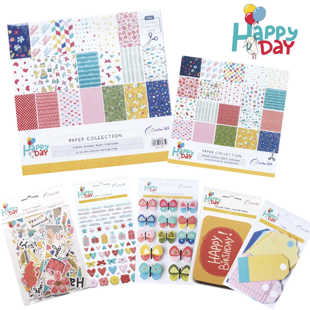 Creative Path 7pcs Happy Day Scrapbooking Journaling Full Kits Decorative Paper Die Cuts Journal Cards Stickers DIY Crafting Set
