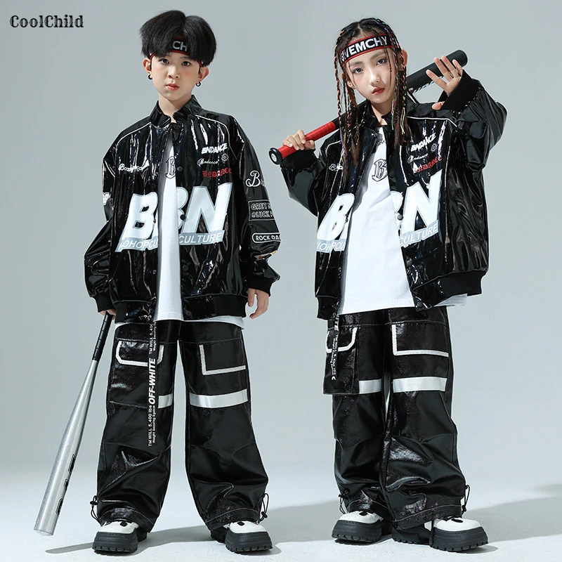 Boys K-pop Fashion Leather Jacket Street Dance Cargo Pants Girl Hip Hop Streetwear Kids Clothes Set Children Loose Jazz Costume