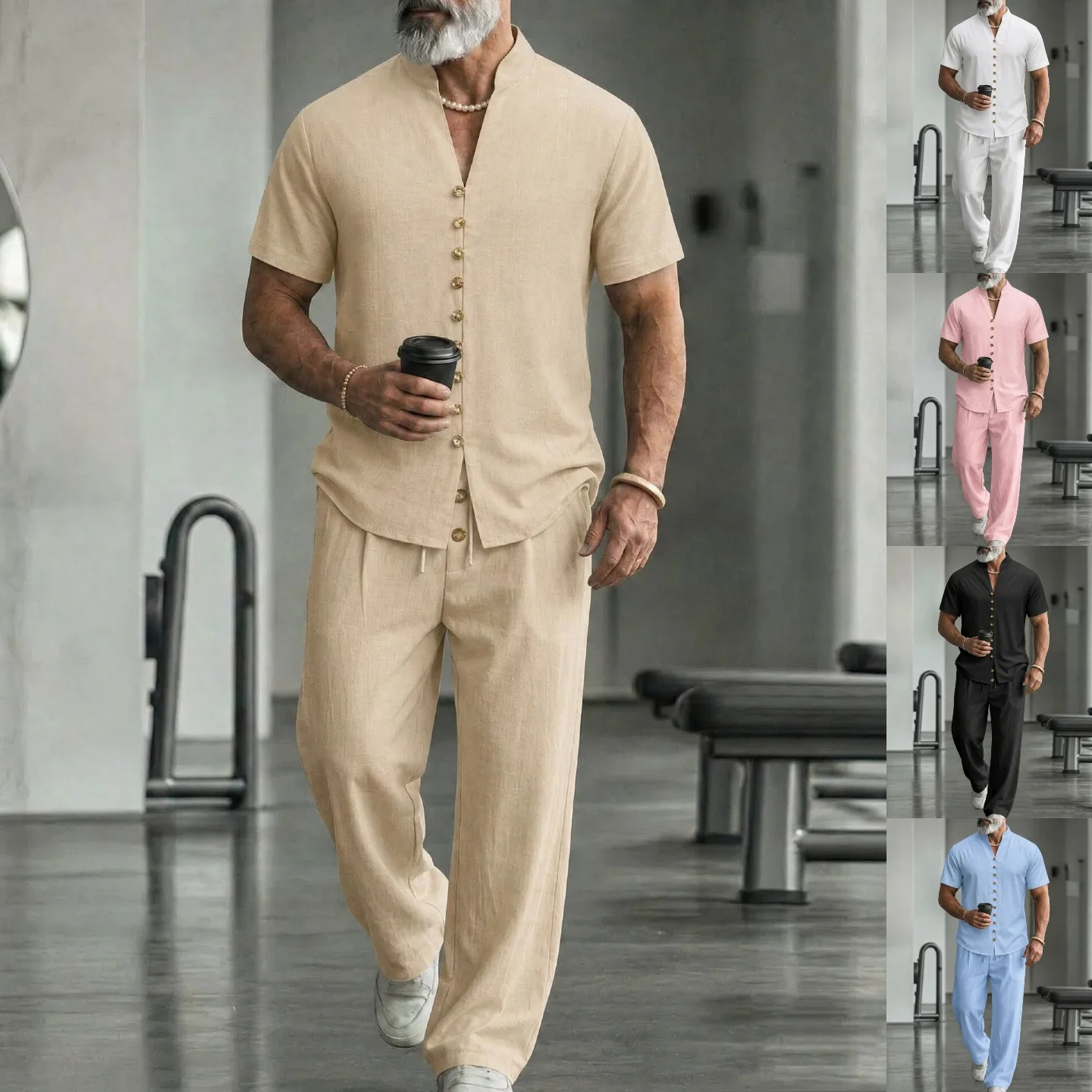 Summer men's new fashionable casual linen set, solid color with multiple buttons, breathable and comfortable two-piece set