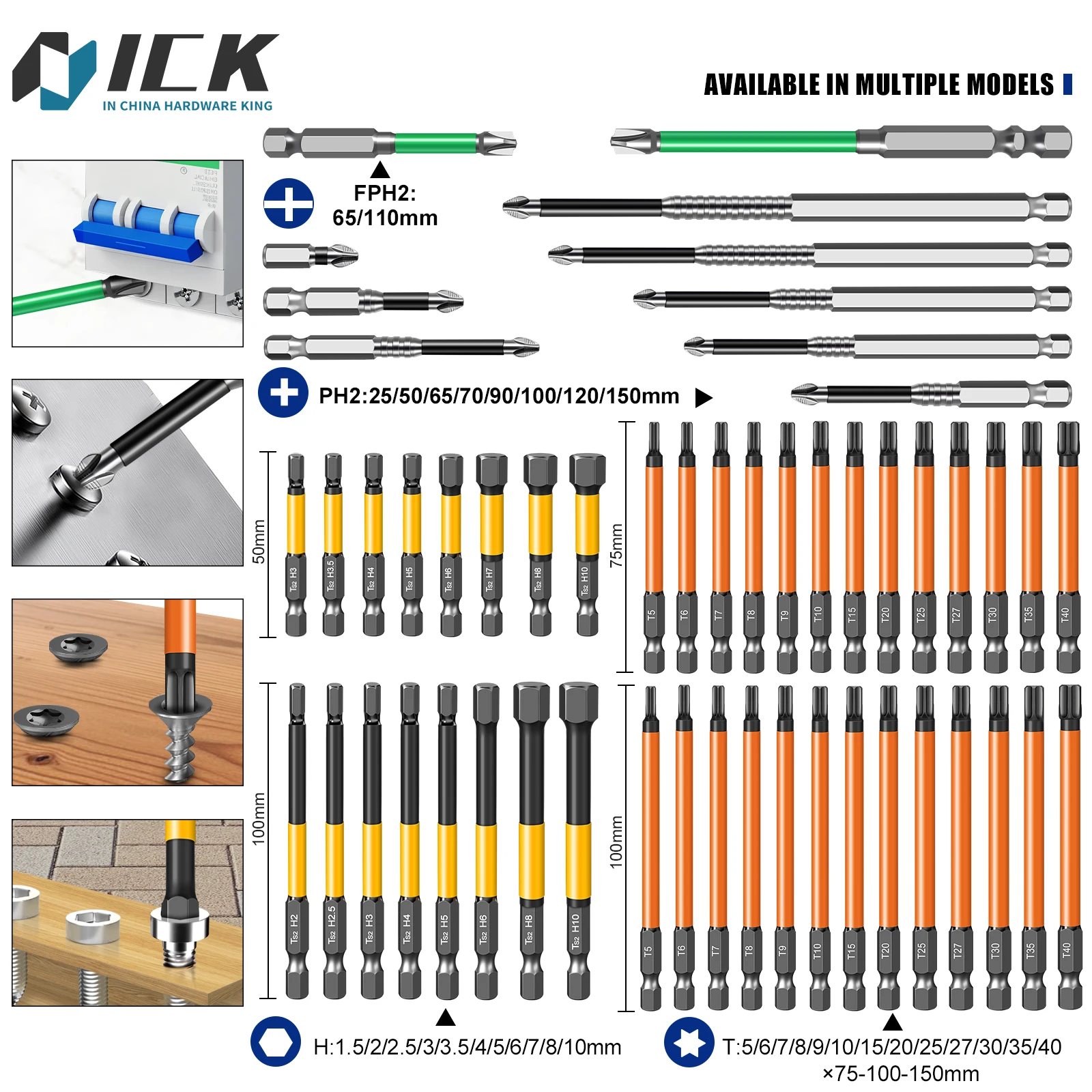 Professional Electrician Bit Set 4 Types Anti Camout Slip S2 Steel PH2 Hex FPH2 Torx Multiple Sizes