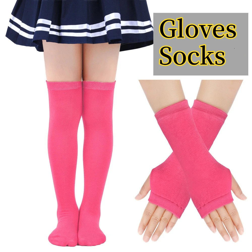 Children Party Dance Cartoon Rainbow Style Socks Arm Oversleeve Gloves Set Multiple colors Knee High Knit Stripe Long Stockings