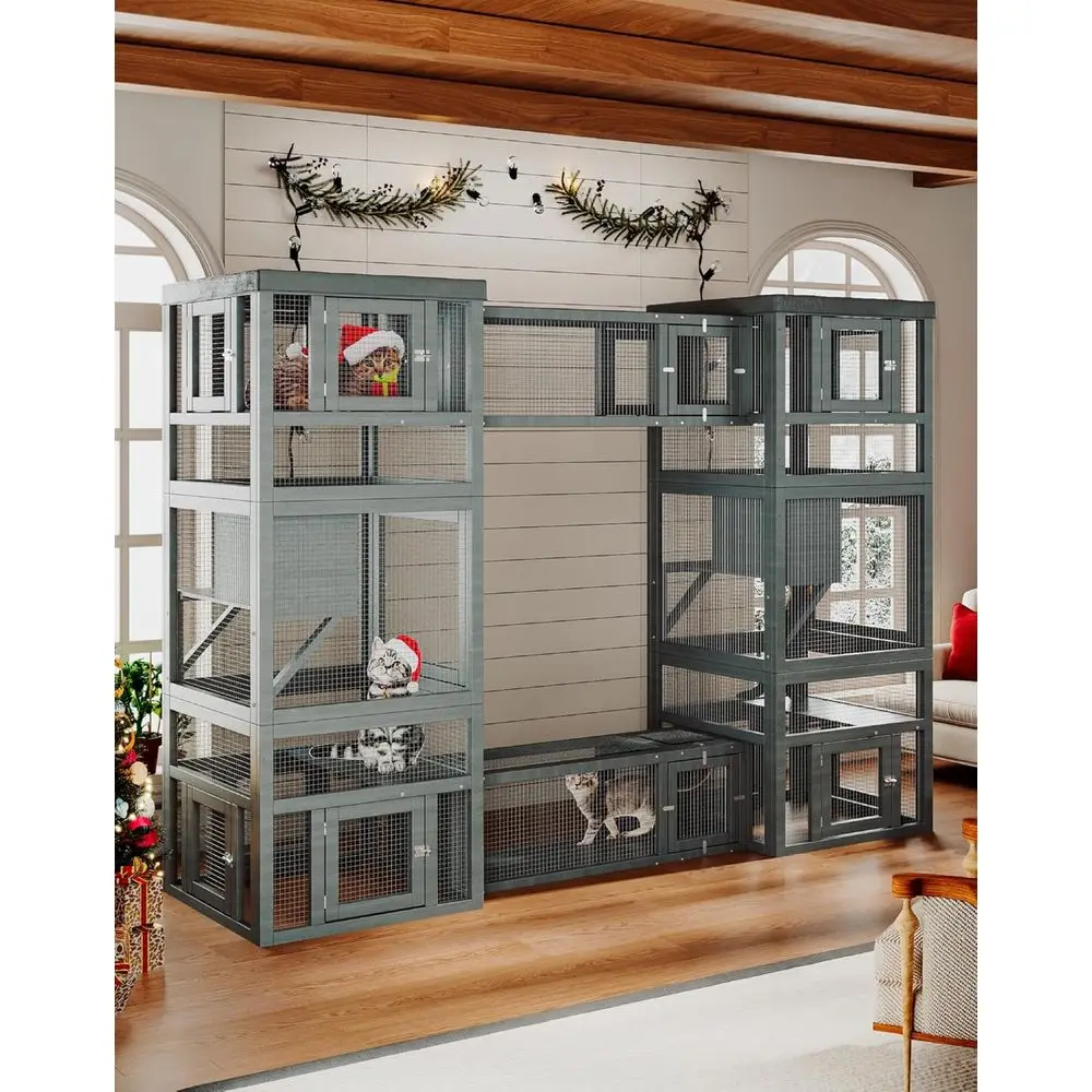 4-Piece Outdoor/Indoor Catio Set: 2 Enclosed Cat Playgrounds & 2 Tunnels for Large Pet Playpens & Multiple Cats