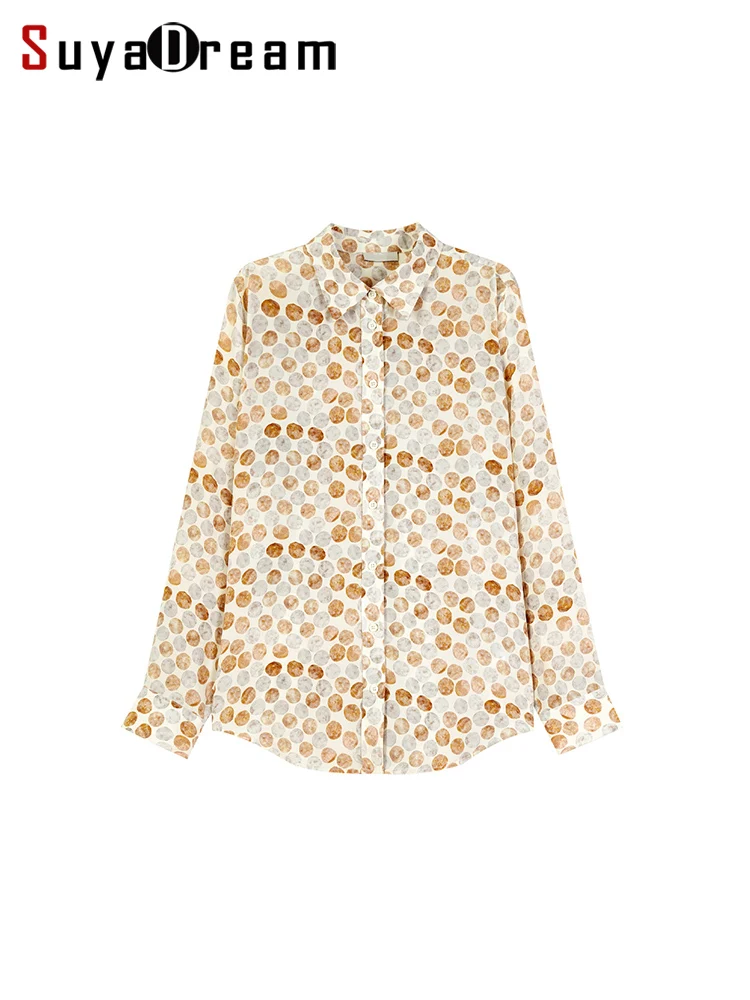 SuyaDreamm, Woman Dots Printed Shirts, 100%Silk Crepe, Turn Down Collar Blouses, 2026 Spring Summer Elegant Top