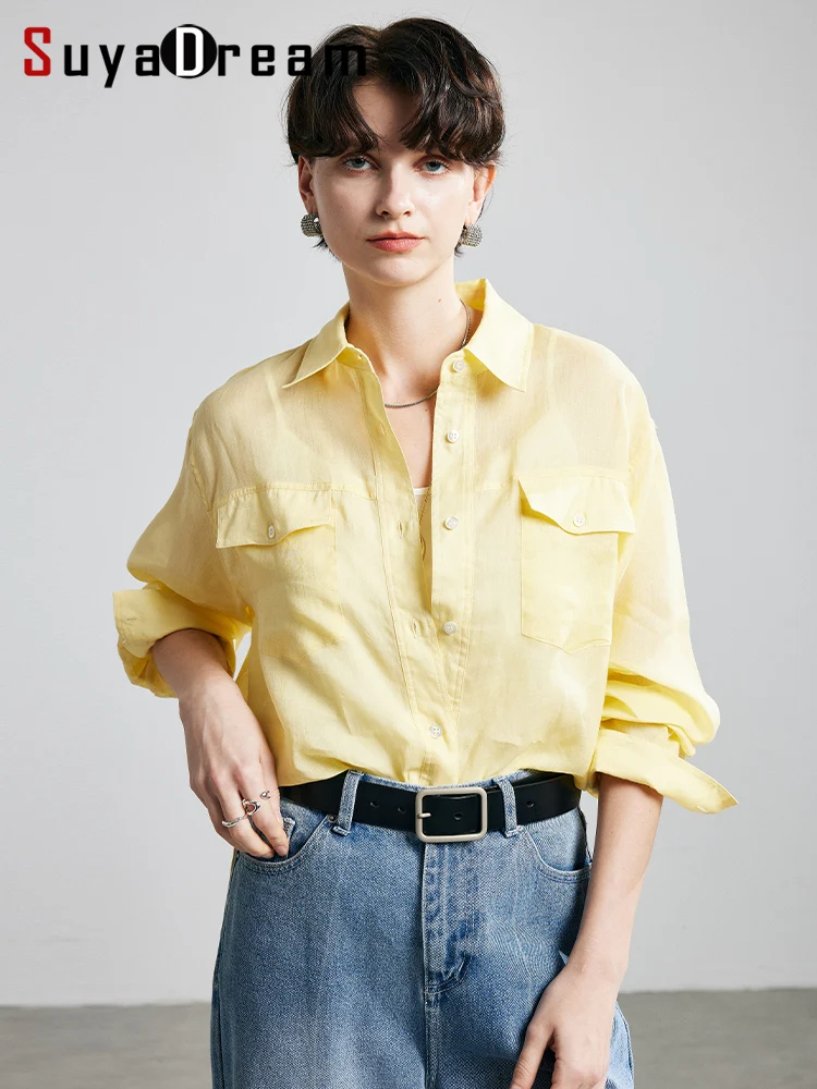 SuyaDream,Woman Loose Shirts, 100%Ramie, Turn Down Collar, Double Chest Pocket, Chic Blouses, 2025 Spring Summer Casual Top