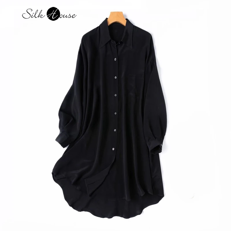 Women's Summer New 100% Natural Mulberry Silk Crepe De Chine Square Collar Long Sleeve Medium Length Black Sunscreen Clothes