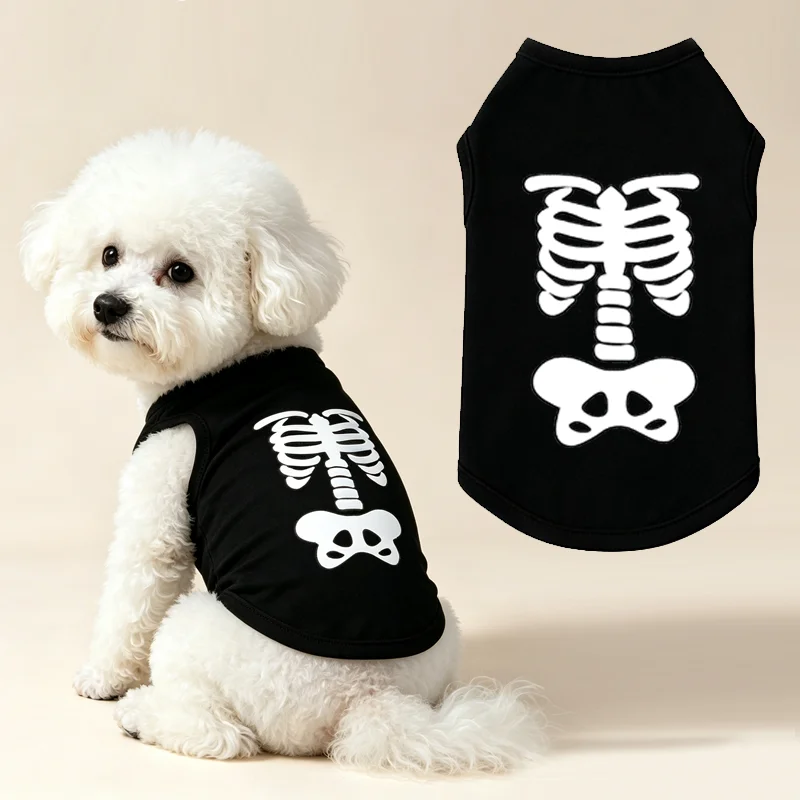 Pet Skeleton Print Sleeveless Vest Soft Breathable Cats & Dogs T‑Shirt Halloween Cosplay Costume For Daily Party Outfit