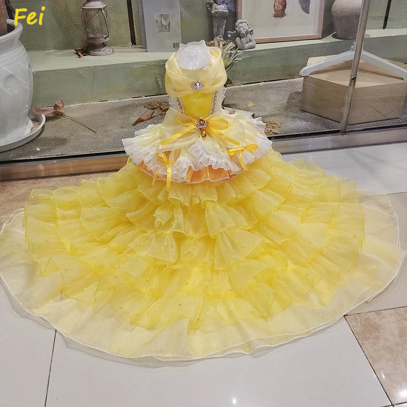 Handmade Yellow Princess Dog Dress with Detachable Skirt Luxury Wedding Gown for Dogs European Palace Evening Dancing Gem Bow