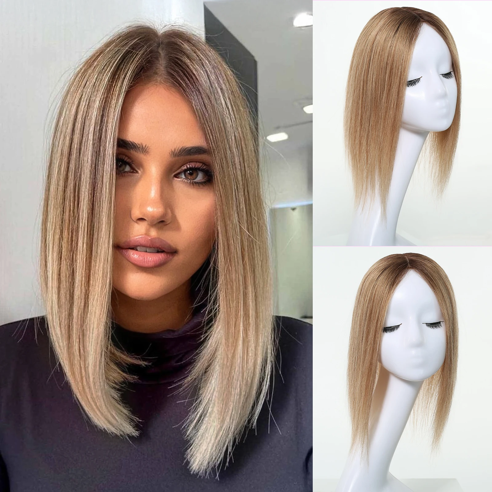 100% Remy Dark Brown To Light Blonde Highlights Human Hair Topper 12 inch Real Toppers with 3Clips for Women Hair Loss