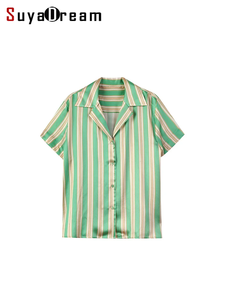 SuyaDream, Women Striped Shirts, 100%Real Silk, Short Sleeves, Notch Collar Green Blouses, 2026 Spring Summer Chic Top