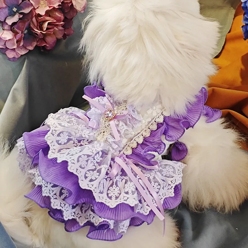 Luxury Handmade Spring Summer Pet Dog Dress Purple Red Skirt for Small Medium Dogs Poodle Girls Cute Furry Skirts