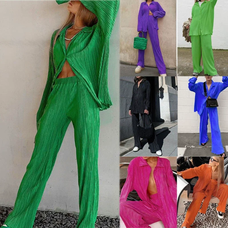 Women's Clothing Two-piece Set Outfit 100% Cotton Long Sleeves Shirt Long Pants Elastic High Waist Casual Loungewear Pajamas