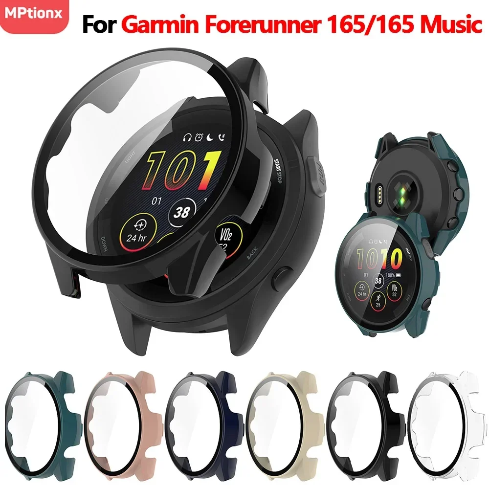 Tempered Glass+Case For Garmin Forerunner 165 PC Hard Screen Protector All-around Bumper Protective Cover for Garmin 165 Music