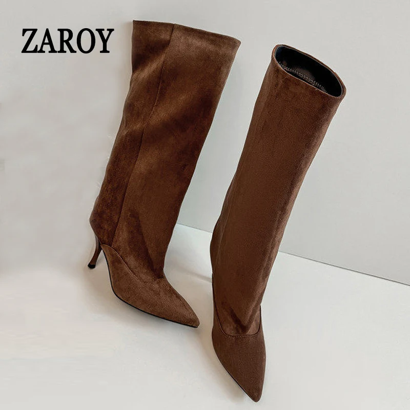 ZAROY Knee High Women Boots Winter Warm Snow Boots Sexy Thin High Heel Point Toe Suede Long Boots Brand Designer Banquet Booties