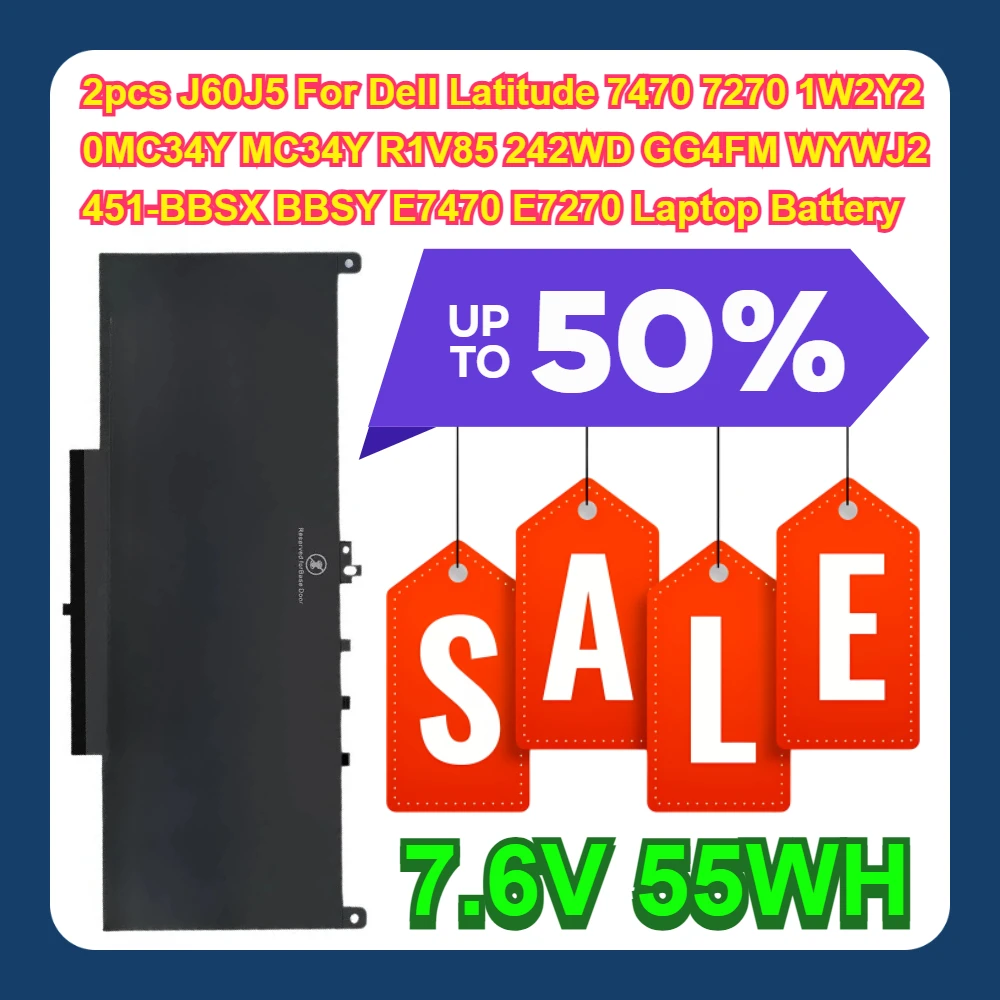 2pcs J60J5 For Dell Latitude 7470 7270 1W2Y2 0MC34Y MC34Y R1V85 242WD GG4FM WYWJ2 451-BBSX BBSY E7470 E7270 Laptop Battery