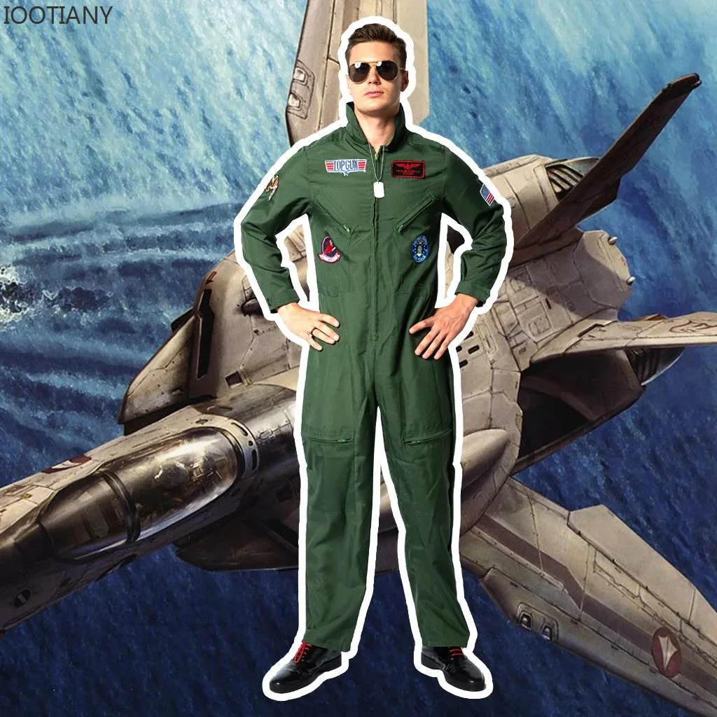 American Airforce Uniform Gun Movie Cosplay Carnival Costumes For Men Adult Army Green Military Pilot Jumpsuit Astronaut