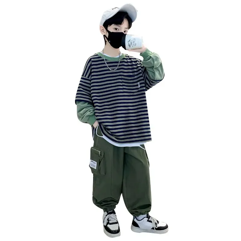 2026 Spring Boys Clothes Set Coat Pants 2 Pieces Stripe Outfits Suit Kids Sport Suit Children Outdoor Military Army Clothing Set