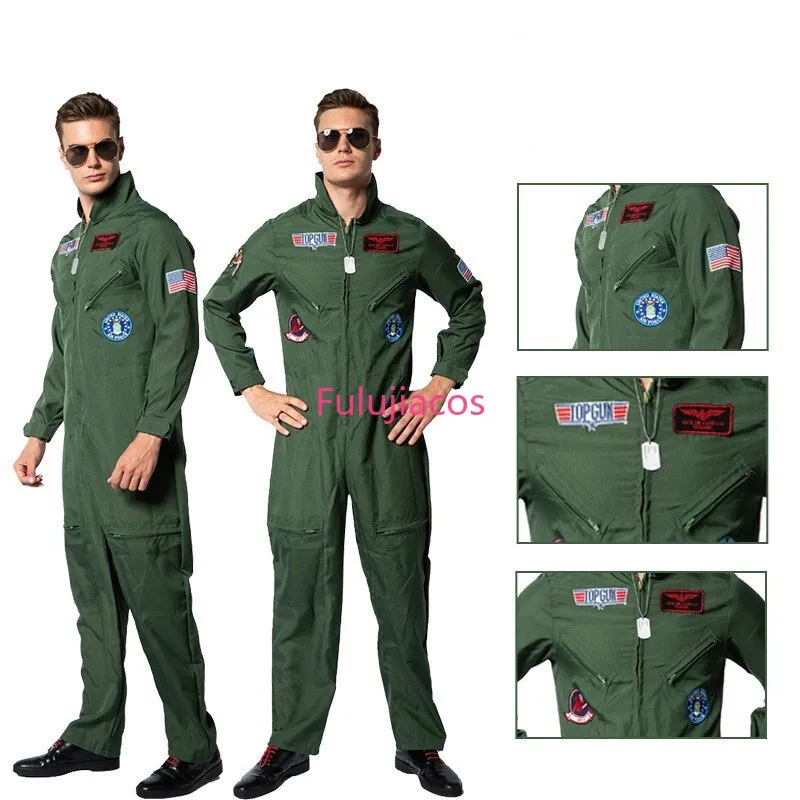 Fulujiacos Pilot Uniform Army Green TOP GUN Costume Cosplay Military Uniform Adult 