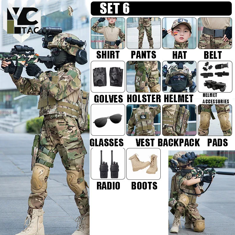 Kids Camouflage Uniform Children's Tactical Suit Combat Shirt Pants Military Costume Army Style for Training Cosplay CS Game