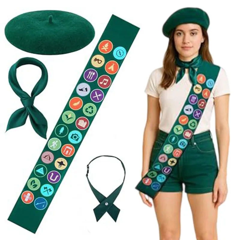 4Pcs/set Halloween Scout Costume Set Women Scout Sash Scarf Beret Hat Bowtie Dress Up Army Military Soldier Outfit