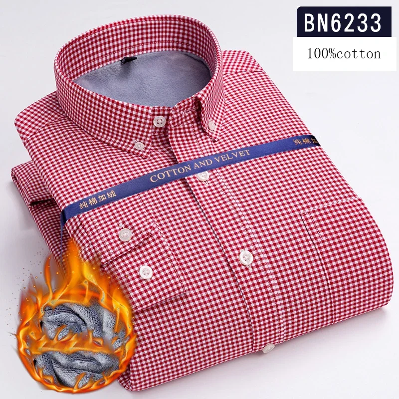 Winter Plush thicken long-sleeve shirts for men slim fit formal 100%cotton warm shirt plaid houndstooth Casual office clothes