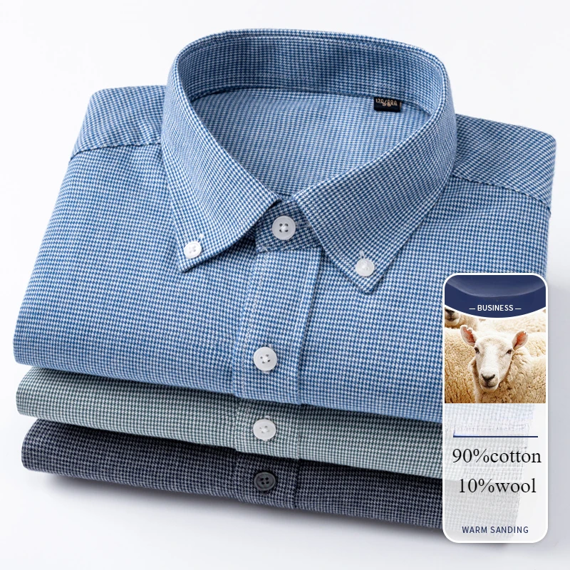 High Quality Wool Long Sleeve Shirts for Men Slim Fit Casual Shirt Houndstooth Cotton Brushed Clothes Soft Elegants Office Tops