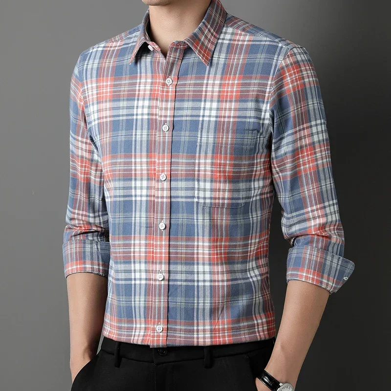 100% Cotton Sanding Full Shirts for Men Slim Fit Casual Houndstooth Plain Shirt Long-Sleeve Top Comfortable Single Pocket Clothe