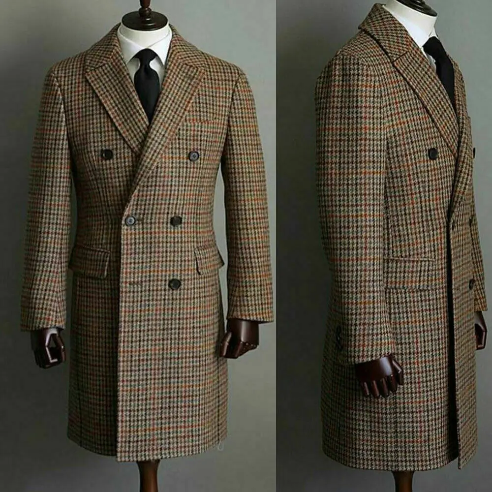 Winter Men Wool Houndstooth Overcoat Double-breasted Six Button Warm Long Coat Formal Tailored Customized