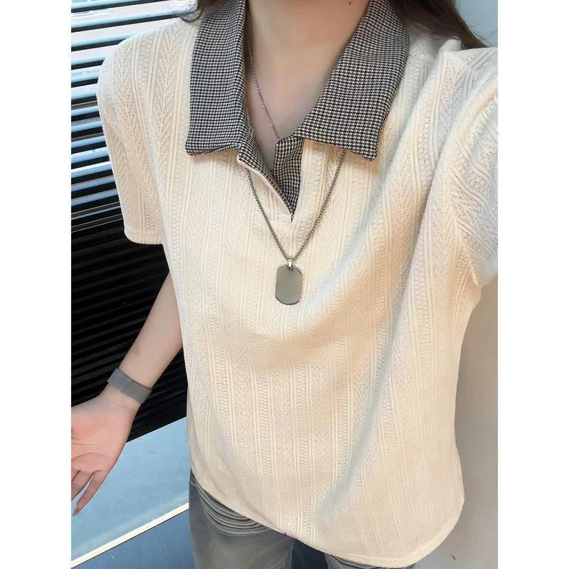 Men's Summer 2026 American Style Wheat Pattern Polo T-Shirt Short Sleeve Cleanfit Casual Streetwear Tops with Houndstooth Collar