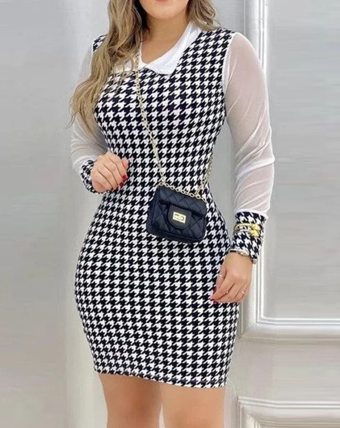 Women's Fashion Sexy Dresses Houndstooth Print Turn-Down Collar Bodycon Dress Women See Through Mesh Long Sleeve Slim Mini Dress