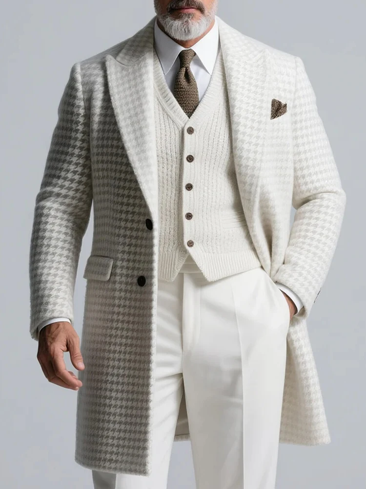 Men's Houndstooth British Style Long Jacket Single-breasted Lapel Long Sleeve Outdoor Casual High Street Male Coat Midi Outwear