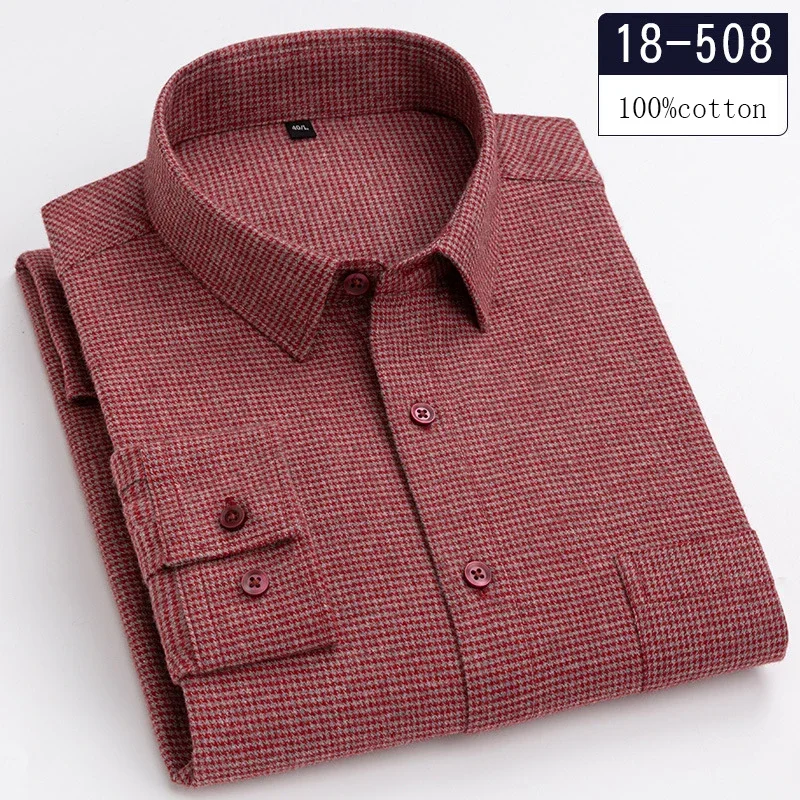 Luxury High-Quality 100% Cotton Houndstooth Full Shirts for Men Slim Fit Casual Shirt Long-Sleeve Plaid Soft Designer Clothes Ro
