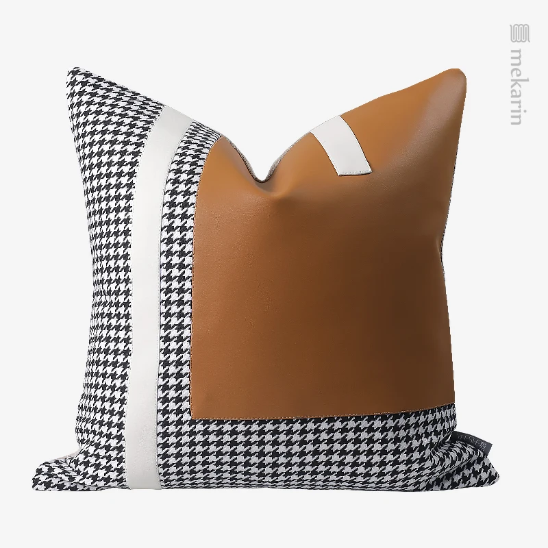 Houndstooth soft orange-gray leather stitching pillow hotel living room sofa cushion villa homestay restaurant cushion