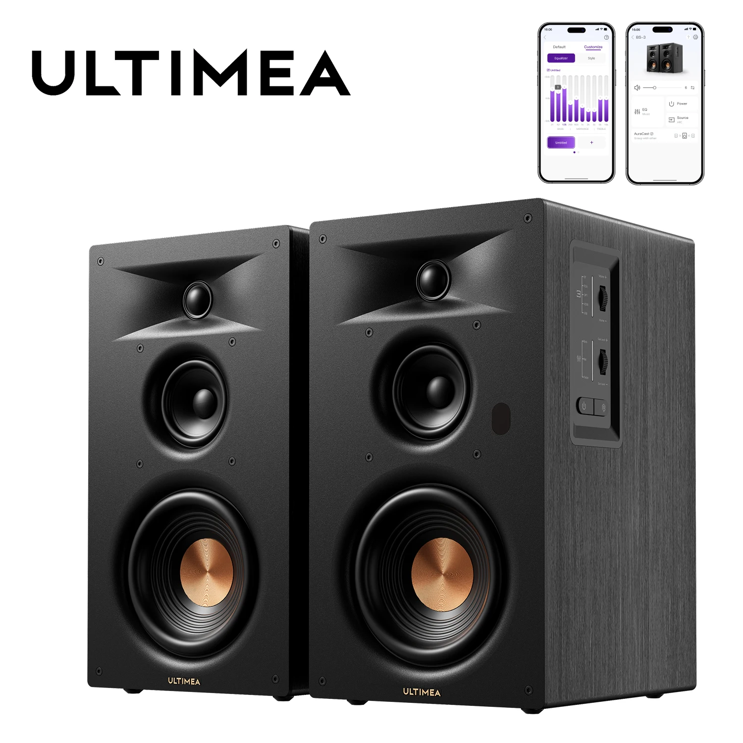 ULTIMEA 3-Way Bookshelf Speakers with 5.25'' Woofer, 70W RMS, App Control, Edge Horn Tech&BassMX for Home Theater, Record Player