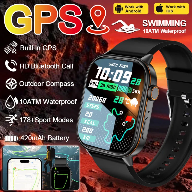 2026 Outdoor Sports GPS Smart Watch Man 10ATM Waterproof Swim 2.01' AMOLED Screen Compass Bluetooth Call Fitness Smart Watch