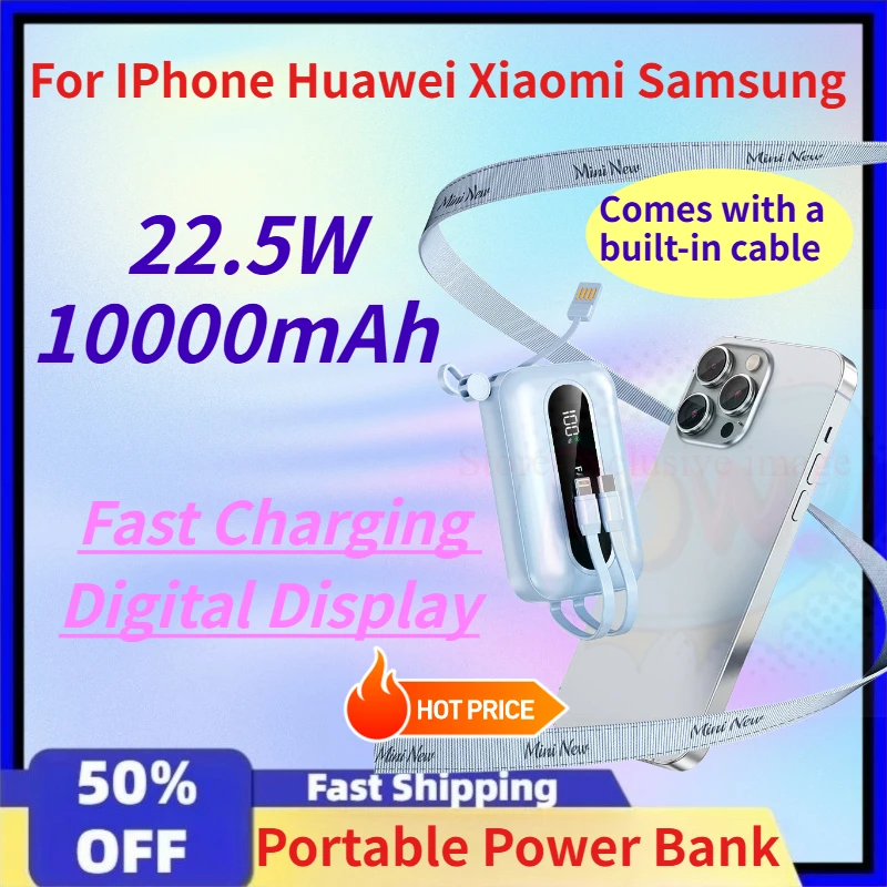 22.5W 10000mAh Power Bank External Large Battery Capacity Fast Charging for IPhone Huawei Xiaomi Samsung Portable LED Display