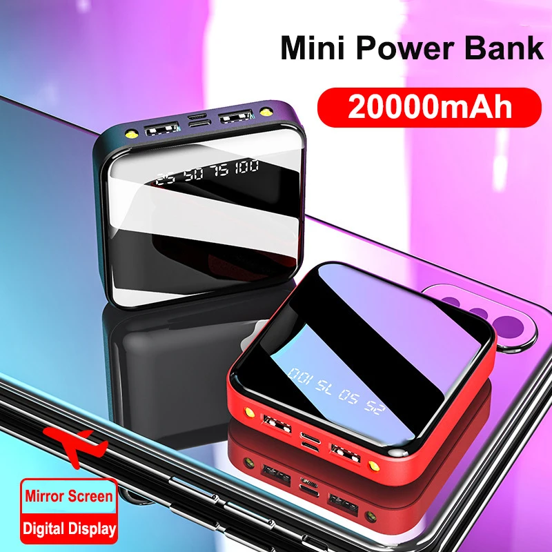 20000mAh Mini Power Bank Portable Charger Mirror Screen LED Light Digital Display Powerbank External Battery Pack Power Bank