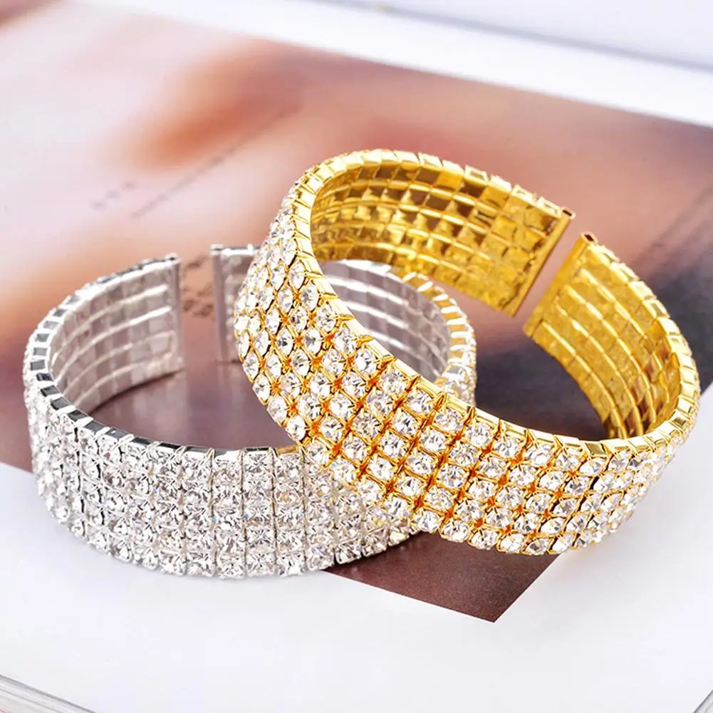 HOT !!Fashion Women's 5 Rows Sparkling Rhinestone Wide Band Bracelet Cuff Open Bangle Bridal Jewelry Chain Wriststrap 6cm