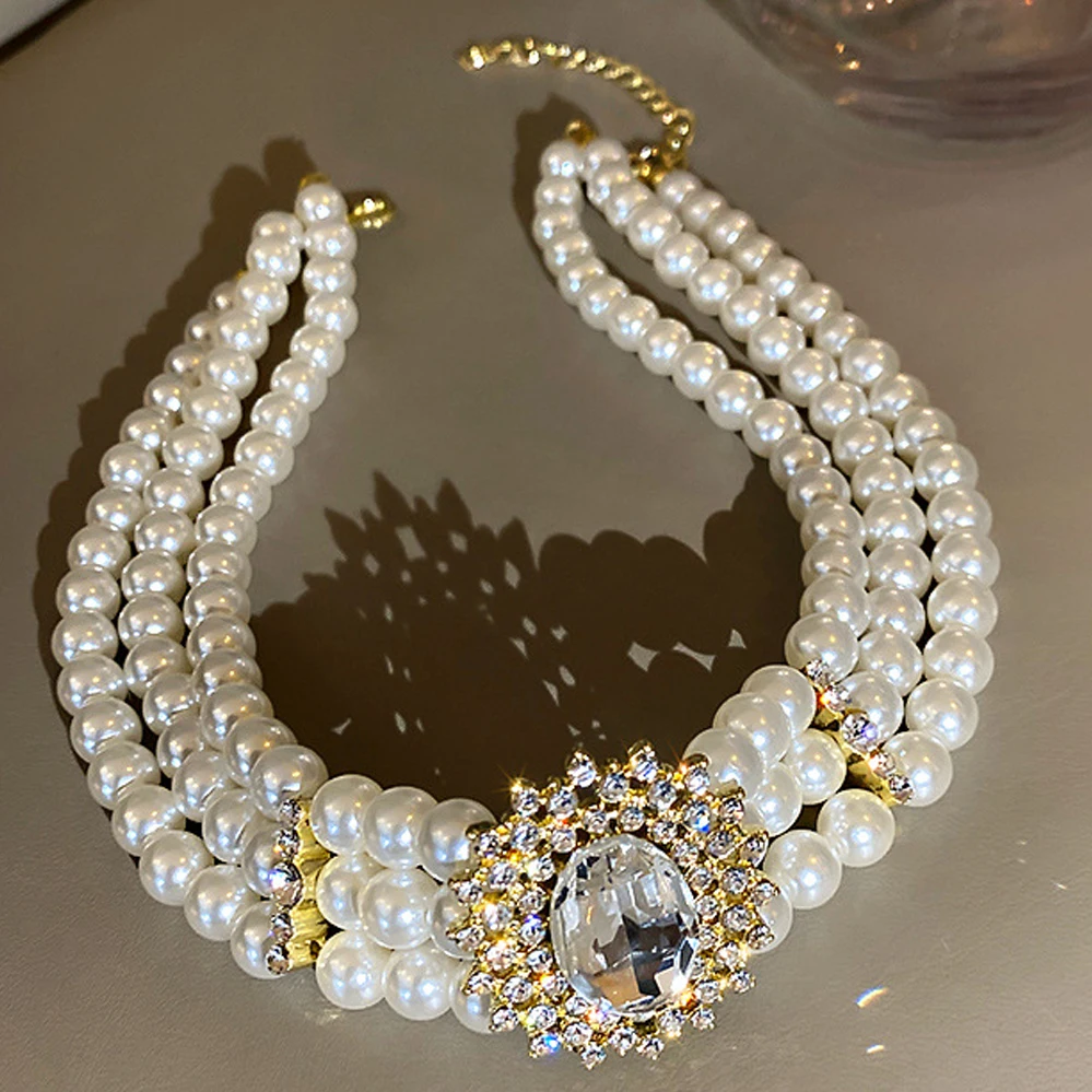 Fashion European and American Exaggerated Retro Jewelry Inlaid Rhinestone Crystal Multi-row Pearl Short Choker Necklace Females