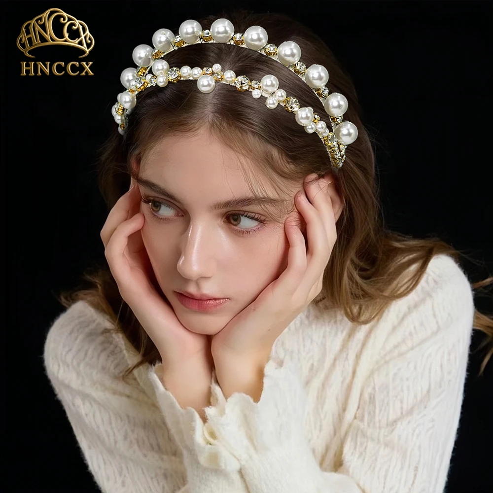 HNCCX Elegant Pearl Rhinestone Hairhoop Fashion Double Row Design Bridal Headband Wedding Party Women's Hair Accessories A408