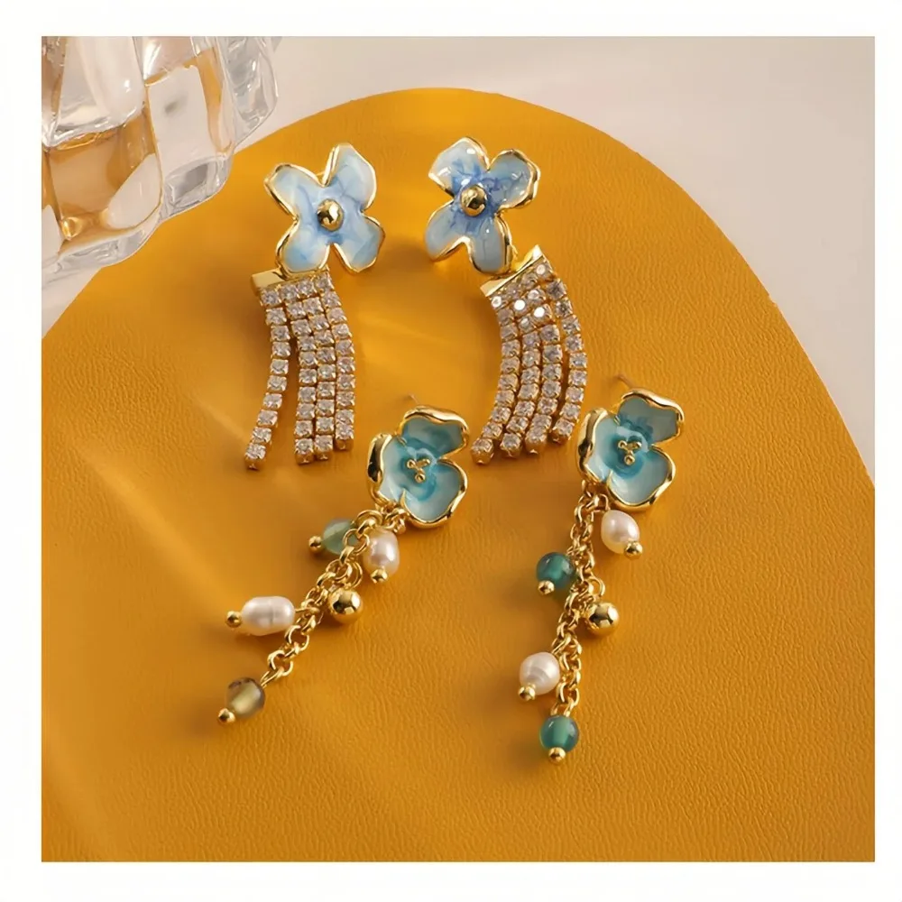 Boho Style Niche Design Blue Enamel Flower Rhinestone Chain Row Tassel Zircon Earrings for Women Long Pearl Temperament Earrings