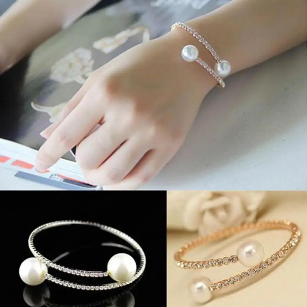Fashion Single Row Rhinestone Inlaid Faux Pearl Opening Bracelet Women Jewelry