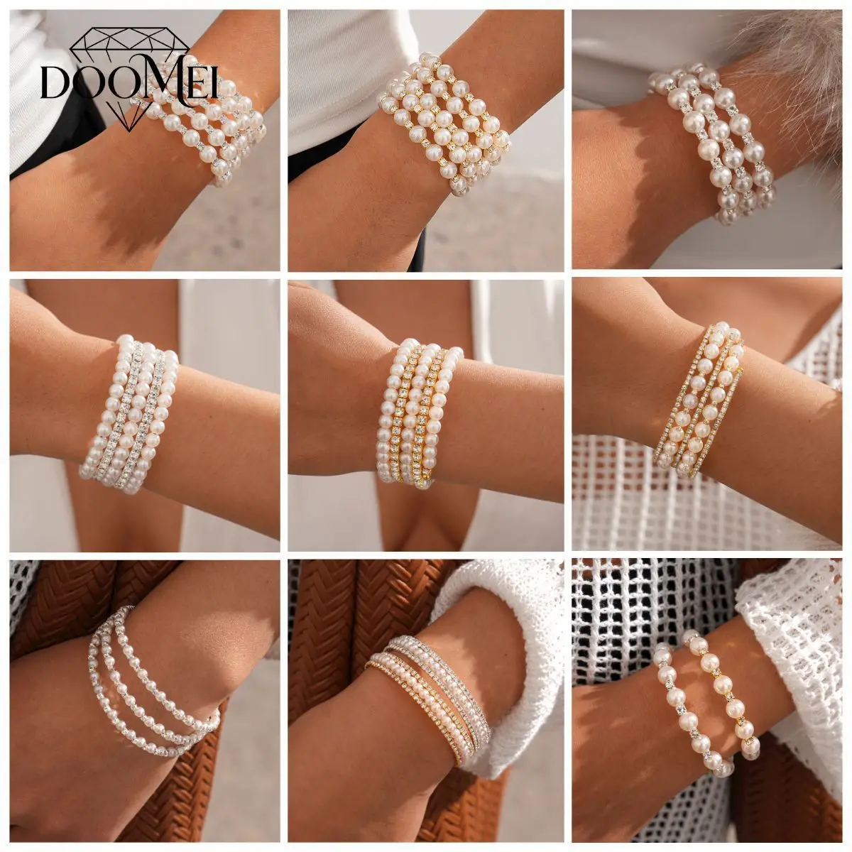 DOO MEI Elegant Simulated Pearl Rhinestone Bracelets Multi Rows Wide Cuff Bracelets Bangles for Women Party Banquet Jewelry