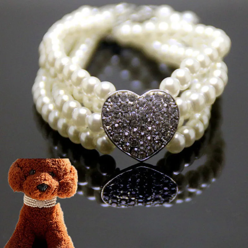 Luxury Dog Collar Pink Necklace Jewelry Extended Chain Four Rows Pearl Rhinestone Heart Collars For Cats and Dogs Pet Supplies#5