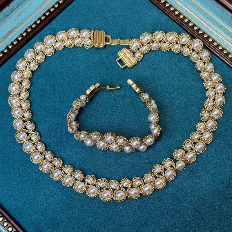 Vintage Hand Woven S Double Row Pearls Jewelry Sets Luxury Natural Stone Rhinestone For Woman Necklace Bracelet Trendy Gift New