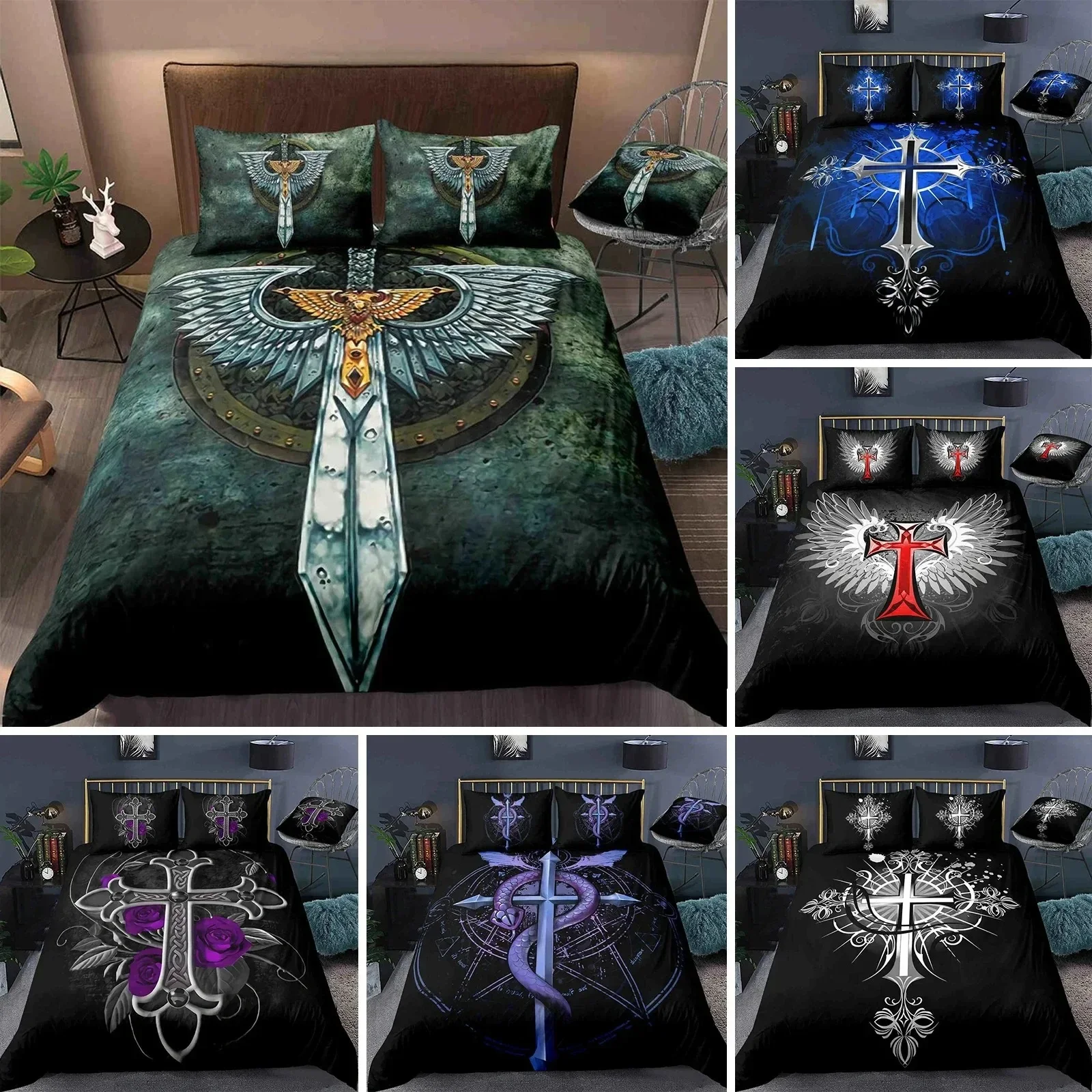 Jesus Cross Bedding Set KingQueen Size Christian Design Retro Quilt Cover for Men Teens Adult,Jesus Christ Believer Quilt Cover