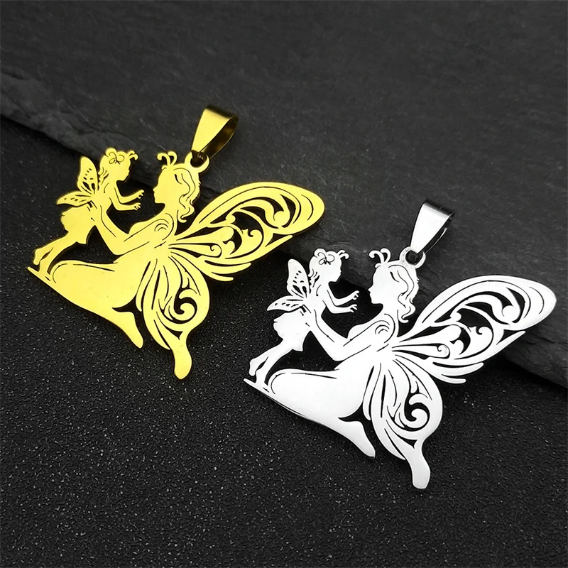 3Pcs Angel Mother Children Pendants For Women Men Stainless Steel Gold Color Mom Girl Hollow Charms Jewelry Gift