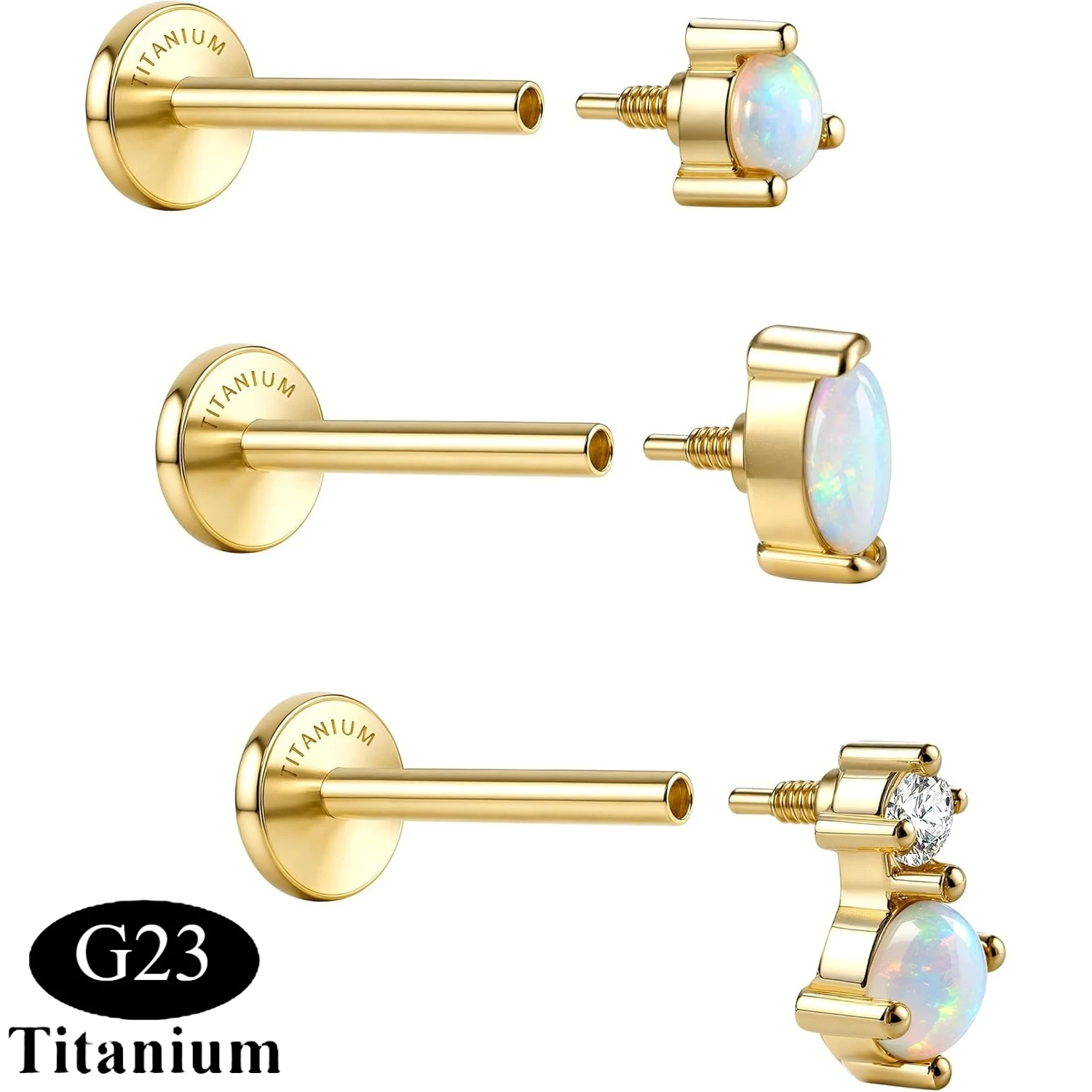 Florideco 3Pcs G23 Titanium Flat Back Earrings Studs 14K Gold Plated Opal Cartilage Helix Piercing Jewelry for Women Men 18G